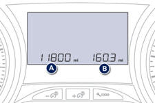 The total mileage is displayed in zone A of the screen and the trip mileage in